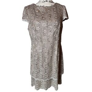 ALEX EVENINGS Lace Sequin Dress Size 16 Petite Champagne Wedding MOB/MOG Event